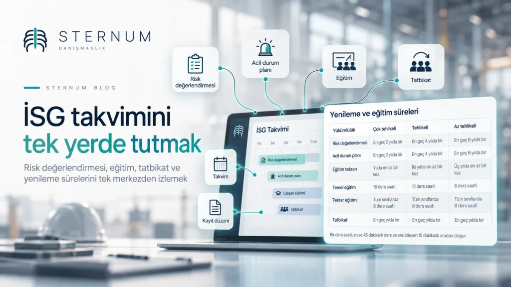 Tehlike sınıfına göre risk değerlendirmesi, acil durum planı, eğitim ve tatbikat sürelerini gösteren İSG takvimi tablosu