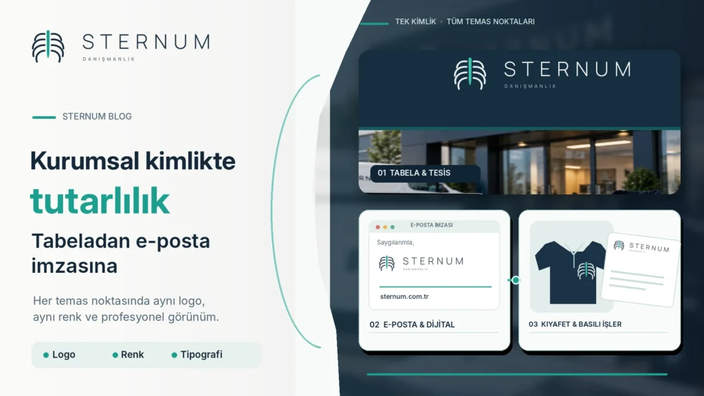 Sternum logosunun tabela, e-posta imzası, kıyafet ve basılı işlerde aynı biçimde kullanıldığı örnekler